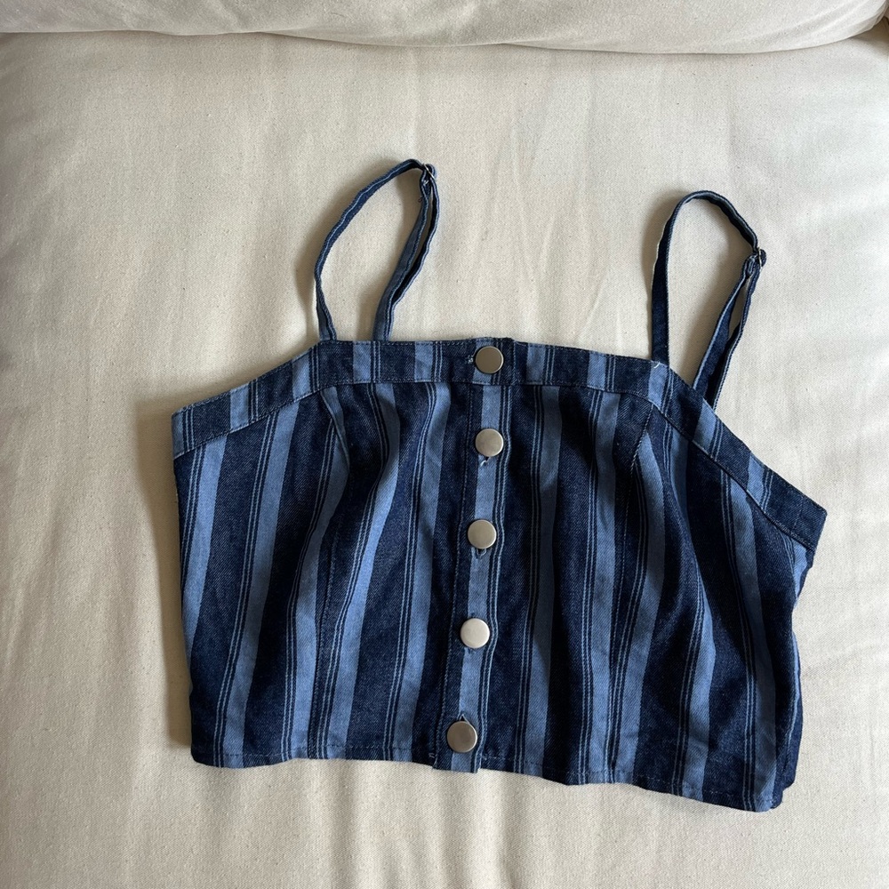 Wild Honey crop top | Blue denim top | Size: Small | striped | silver buttons